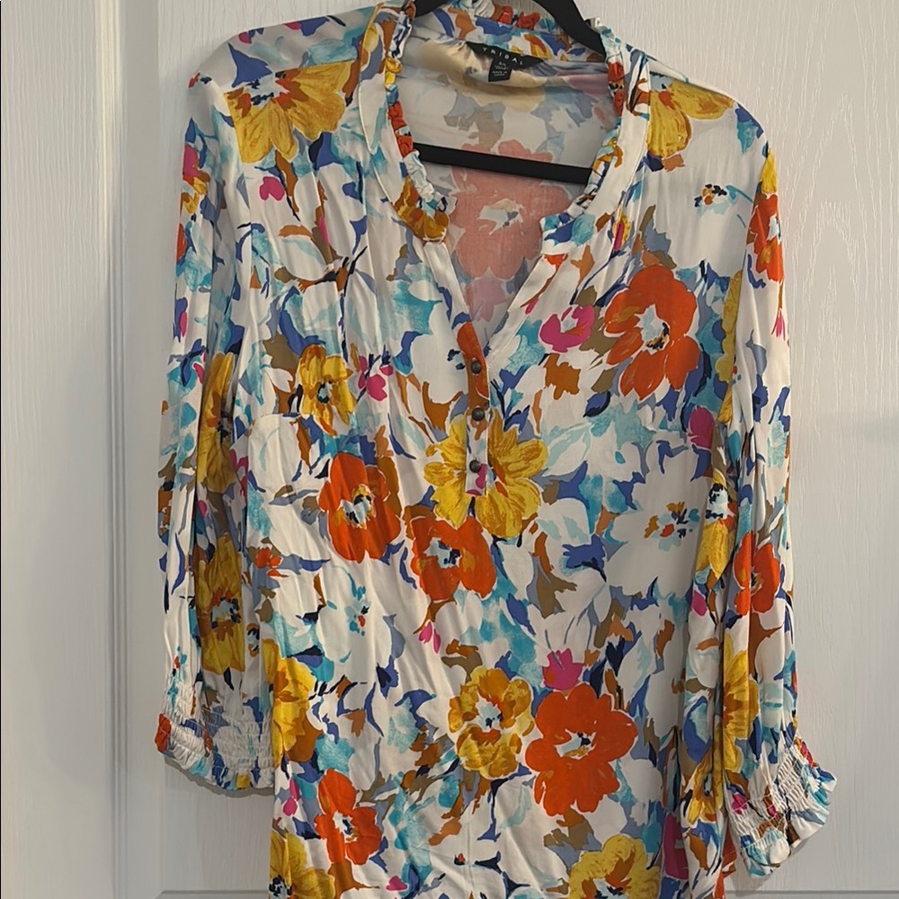 Tribal Orange Red Pleated Blouse with Mandarin Collar